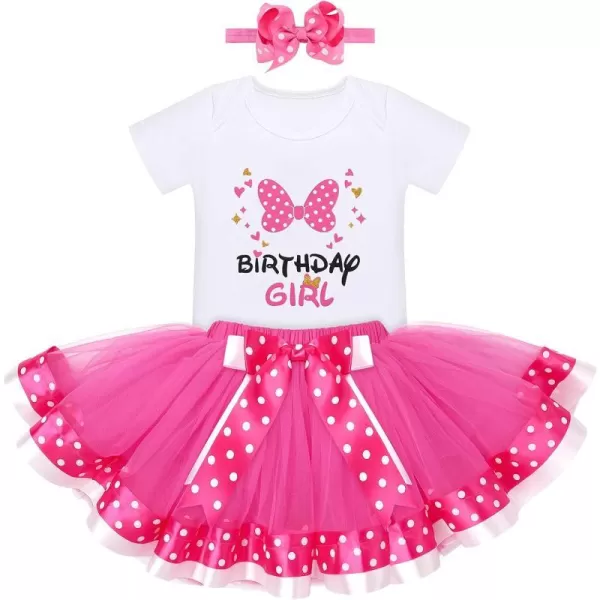 12 1st 2nd Birthday Girl Outfit Baby Romper Polka Dot Tutu Skirt Bowknot Headband Costume for Cake Smash Photo ShootHot Pink Bow