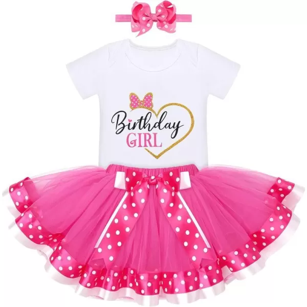 12 1st 2nd Birthday Girl Outfit Baby Romper Polka Dot Tutu Skirt Bowknot Headband Costume for Cake Smash Photo ShootHot Pink Heart