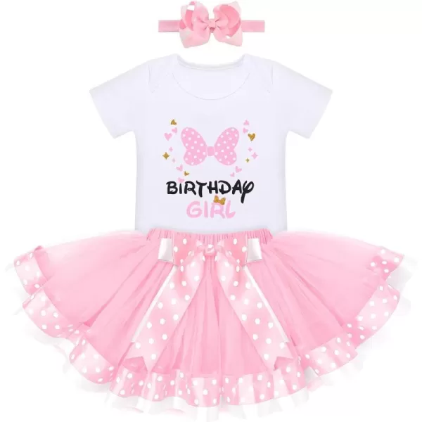 12 1st 2nd Birthday Girl Outfit Baby Romper Polka Dot Tutu Skirt Bowknot Headband Costume for Cake Smash Photo ShootPink Bow