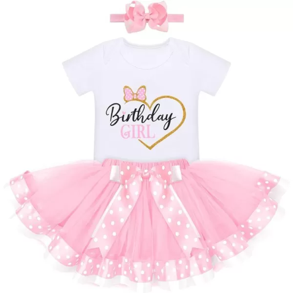 12 1st 2nd Birthday Girl Outfit Baby Romper Polka Dot Tutu Skirt Bowknot Headband Costume for Cake Smash Photo ShootPink Heart