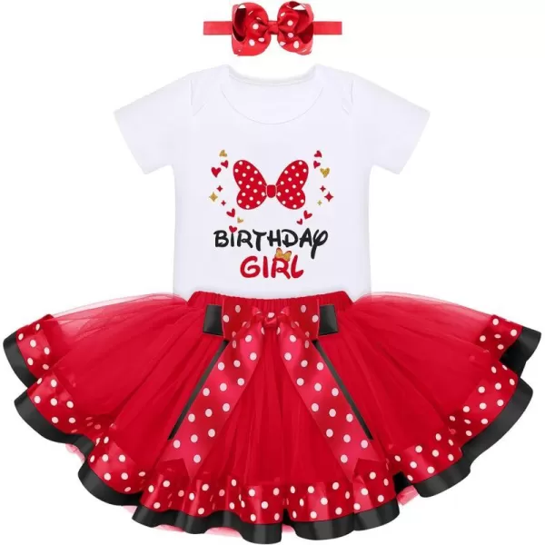 12 1st 2nd Birthday Girl Outfit Baby Romper Polka Dot Tutu Skirt Bowknot Headband Costume for Cake Smash Photo ShootRed Bow