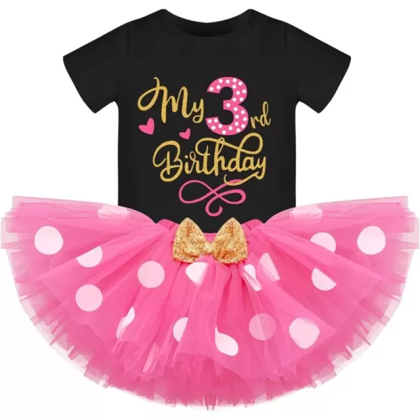 3rd Birthday Girl Outfit Baby Shirt Polka Dots Tutu Skirt Mouse Ear Headband for 3 Year Old Princess Cake Smash Photo PropBlack  Hot Pink 3rd Birthday