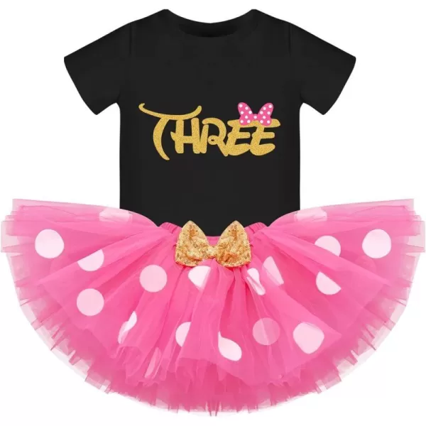 3rd Birthday Girl Outfit Baby Shirt Polka Dots Tutu Skirt Mouse Ear Headband for 3 Year Old Princess Cake Smash Photo PropBlack  Hot Pink