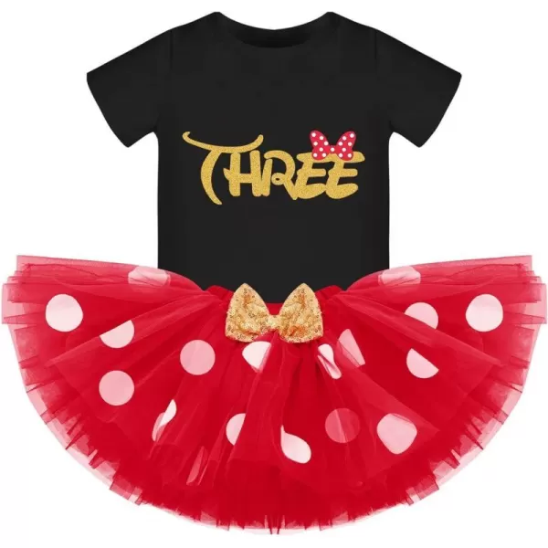 3rd Birthday Girl Outfit Baby Shirt Polka Dots Tutu Skirt Mouse Ear Headband for 3 Year Old Princess Cake Smash Photo PropBlack  Red