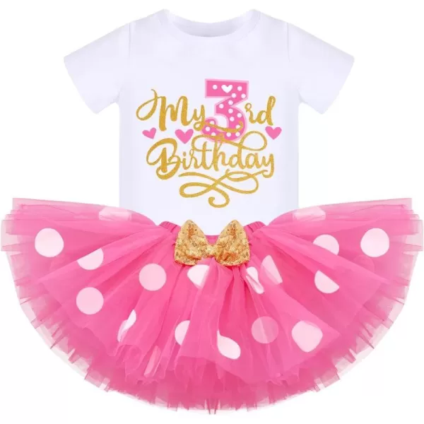 3rd Birthday Girl Outfit Baby Shirt Polka Dots Tutu Skirt Mouse Ear Headband for 3 Year Old Princess Cake Smash Photo PropHot Pink  My 3rd Birthday