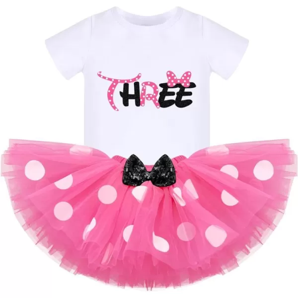 3rd Birthday Girl Outfit Baby Shirt Polka Dots Tutu Skirt Mouse Ear Headband for 3 Year Old Princess Cake Smash Photo PropHot Pink  Sequins