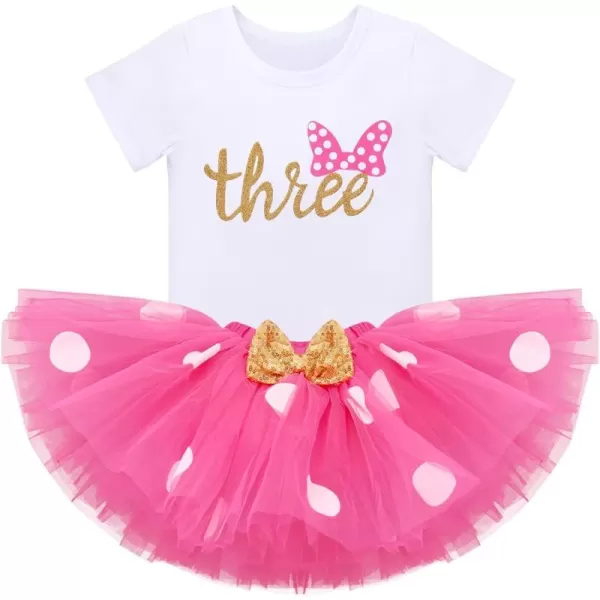 3rd Birthday Girl Outfit Baby Shirt Polka Dots Tutu Skirt Mouse Ear Headband for 3 Year Old Princess Cake Smash Photo PropHot Pink  Three