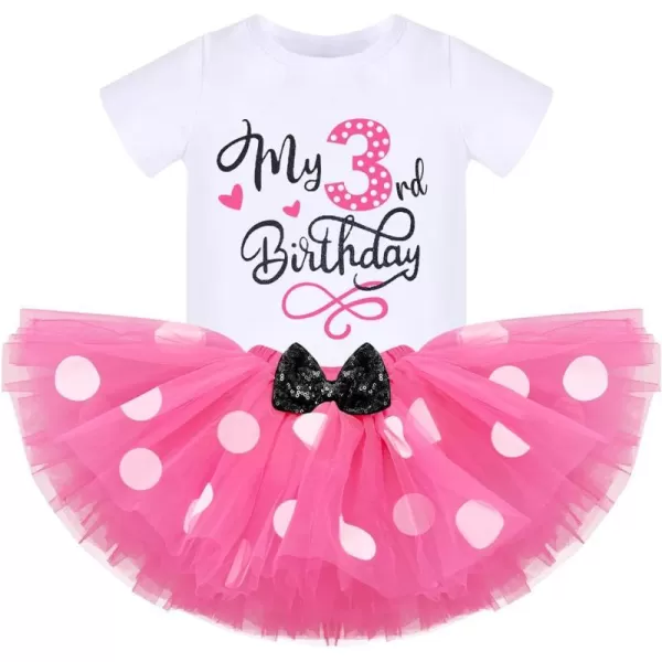 3rd Birthday Girl Outfit Baby Shirt Polka Dots Tutu Skirt Mouse Ear Headband for 3 Year Old Princess Cake Smash Photo PropHot Pink 3rd Birthday