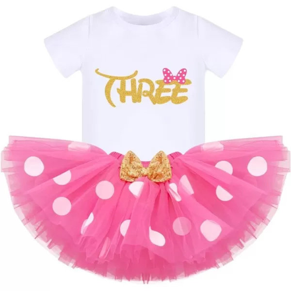 3rd Birthday Girl Outfit Baby Shirt Polka Dots Tutu Skirt Mouse Ear Headband for 3 Year Old Princess Cake Smash Photo PropHot Pink