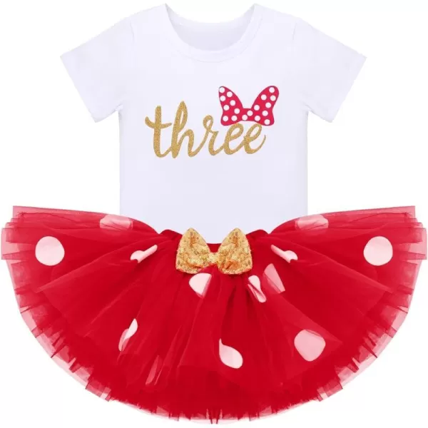 3rd Birthday Girl Outfit Baby Shirt Polka Dots Tutu Skirt Mouse Ear Headband for 3 Year Old Princess Cake Smash Photo PropRed  Three