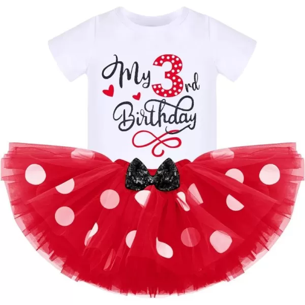 3rd Birthday Girl Outfit Baby Shirt Polka Dots Tutu Skirt Mouse Ear Headband for 3 Year Old Princess Cake Smash Photo PropRed 3rd Birthday