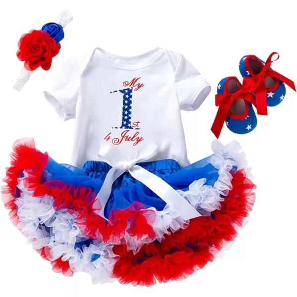 4th of July Baby Girl Birthday Outfit American Flag RomperRuffle Tulle SkirtHeadbandShoes Independence Day 4pcs SetWhite  1st 4 July