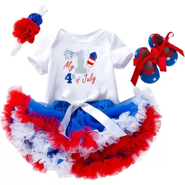 4th of July Baby Girl Birthday Outfit American Flag RomperRuffle Tulle SkirtHeadbandShoes Independence Day 4pcs SetWhite  1st 4th of July