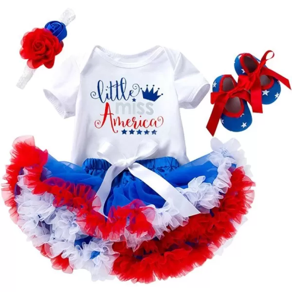 4th of July Baby Girl Birthday Outfit American Flag RomperRuffle Tulle SkirtHeadbandShoes Independence Day 4pcs SetWhite  Little Miss America