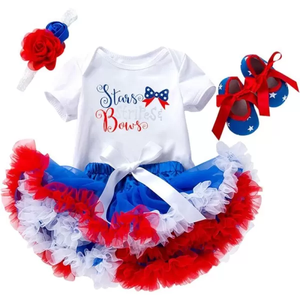 4th of July Baby Girl Birthday Outfit American Flag RomperRuffle Tulle SkirtHeadbandShoes Independence Day 4pcs SetWhite  Stars Bows