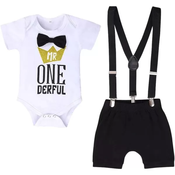 Baby Boys 1st Birthday Cake Smash Outfit Bowtie Romper Suspenders Shorts Pants Formal Suit Clothes for Photo Shoot PartyBlack