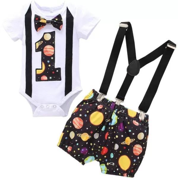 Baby Boys 1st Birthday Cake Smash Outfit Bowtie Romper Suspenders Shorts Pants Formal Suit Clothes for Photo Shoot PartyBlack Galaxy 01