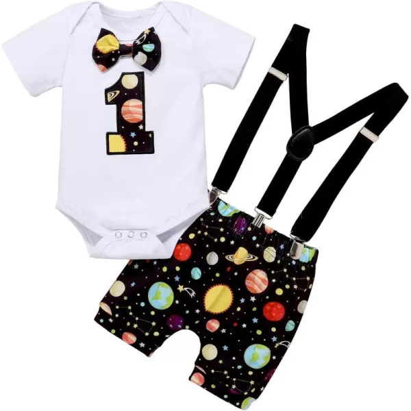 Baby Boys 1st Birthday Cake Smash Outfit Bowtie Romper Suspenders Shorts Pants Formal Suit Clothes for Photo Shoot PartyBlack Galaxy 02