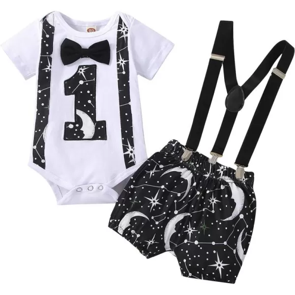 Baby Boys 1st Birthday Cake Smash Outfit Bowtie Romper Suspenders Shorts Pants Formal Suit Clothes for Photo Shoot PartyBlack Starry Sky