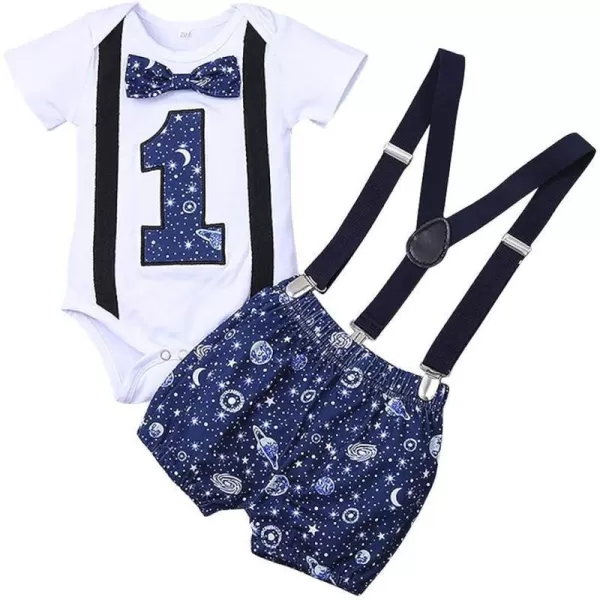 Baby Boys 1st Birthday Cake Smash Outfit Bowtie Romper Suspenders Shorts Pants Formal Suit Clothes for Photo Shoot PartyBlue Galaxy