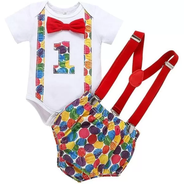 Baby Boys 1st Birthday Cake Smash Outfit Bowtie Romper Suspenders Shorts Pants Formal Suit Clothes for Photo Shoot PartyColorful Red