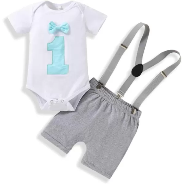 Baby Boys 1st Birthday Cake Smash Outfit Bowtie Romper Suspenders Shorts Pants Formal Suit Clothes for Photo Shoot PartyGray  Blue No1