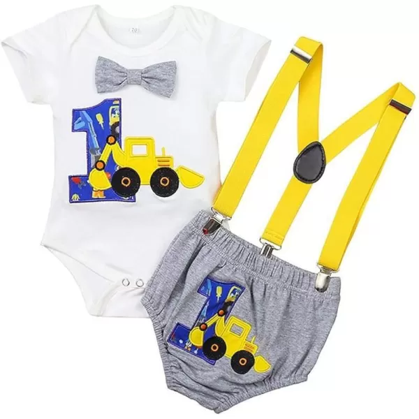 Baby Boys 1st Birthday Cake Smash Outfit Bowtie Romper Suspenders Shorts Pants Formal Suit Clothes for Photo Shoot PartyGray Excavator