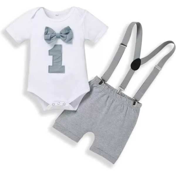 Baby Boys 1st Birthday Cake Smash Outfit Bowtie Romper Suspenders Shorts Pants Formal Suit Clothes for Photo Shoot PartyGray No1