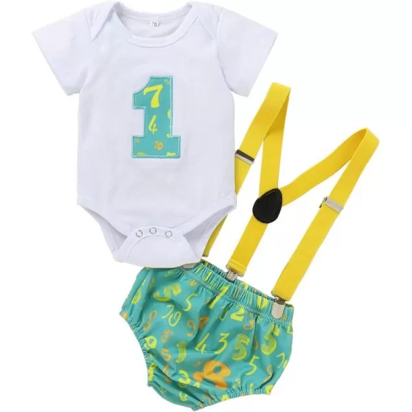 Baby Boys 1st Birthday Cake Smash Outfit Bowtie Romper Suspenders Shorts Pants Formal Suit Clothes for Photo Shoot PartyGreen Number