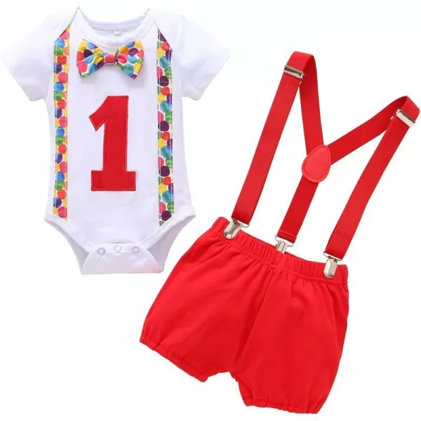 Baby Boys 1st Birthday Cake Smash Outfit Bowtie Romper Suspenders Shorts Pants Formal Suit Clothes for Photo Shoot PartyRed  Colorful Dot