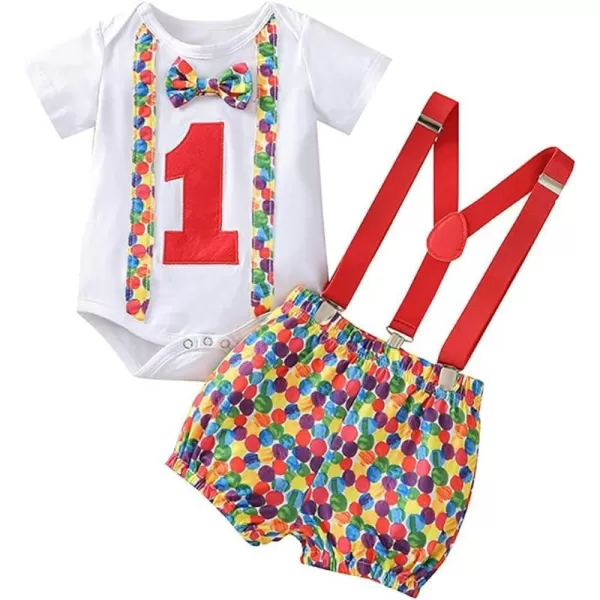 Baby Boys 1st Birthday Cake Smash Outfit Bowtie Romper Suspenders Shorts Pants Formal Suit Clothes for Photo Shoot PartyRed  Colorful Stones