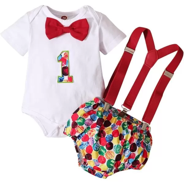 Baby Boys 1st Birthday Cake Smash Outfit Bowtie Romper Suspenders Shorts Pants Formal Suit Clothes for Photo Shoot PartyRed Printed