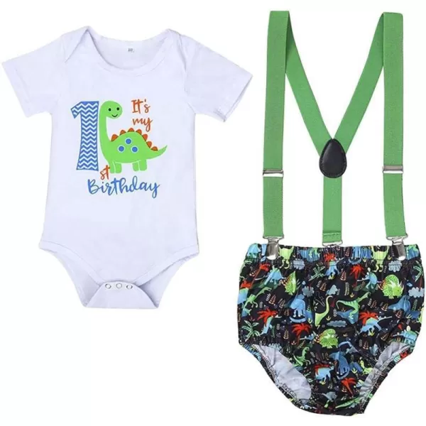 Baby Boys 1st Birthday Cake Smash Outfit Bowtie Romper Suspenders Shorts Pants Formal Suit Clothes for Photo Shoot PartyWhite  Green Dinosaur