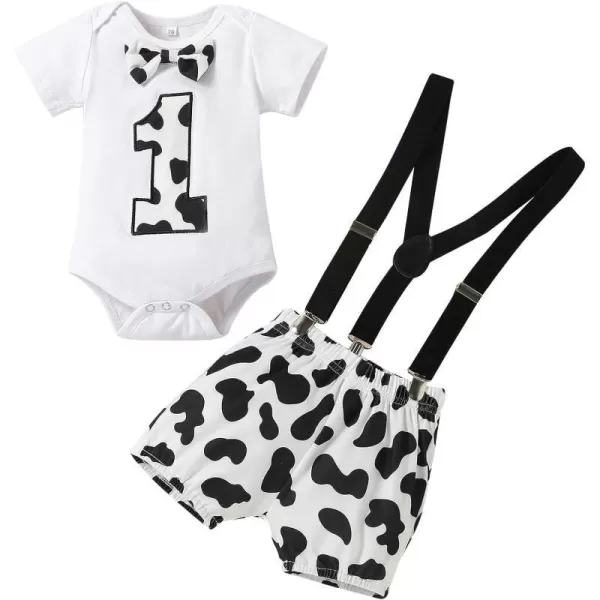 Baby Boys 1st Birthday Cake Smash Outfit Bowtie Romper Suspenders Shorts Pants Formal Suit Clothes for Photo Shoot PartyWhite Cow