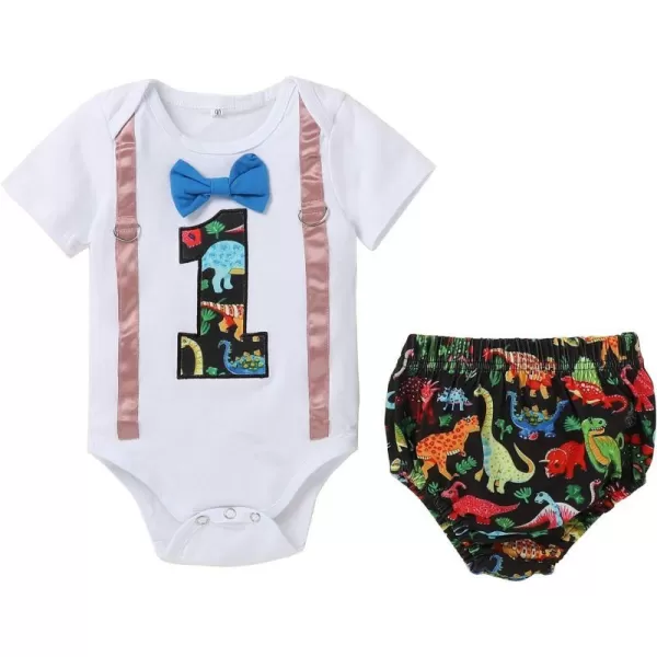 Baby Boys 1st Birthday Cake Smash Outfit Bowtie Romper Suspenders Shorts Pants Formal Suit Clothes for Photo Shoot PartyWhite Dinosaur