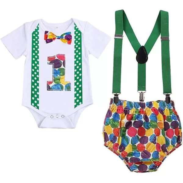 Baby Boys 1st Birthday Cake Smash Outfit Bowtie Romper Suspenders Shorts Pants Formal Suit Clothes for Photo Shoot PartyY Green Colorful 2pcs