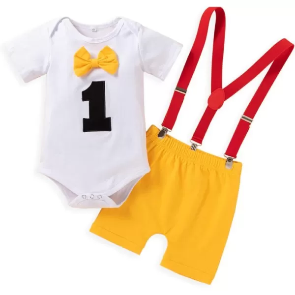 Baby Boys 1st Birthday Cake Smash Outfit Bowtie Romper Suspenders Shorts Pants Formal Suit Clothes for Photo Shoot PartyYellow No1