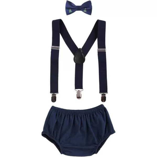 Baby Boys Cake Smash Clothes 1st 2nd Birthday Outfit Diaper Cover Suspenders Bow Tie Headband Costume for Photo PartyA Navy Bluexmas Tree 3pcs Bow Tie