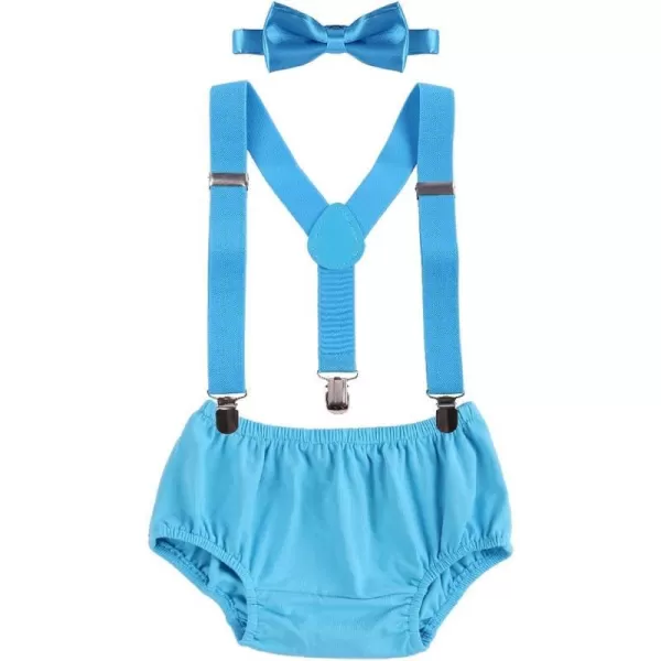 Baby Boys Cake Smash Clothes Diaper Suspenders Pants Bow Tie 3PCS Set First 1st 2nd Birthday Outfit for Photo Prop PartyBlue