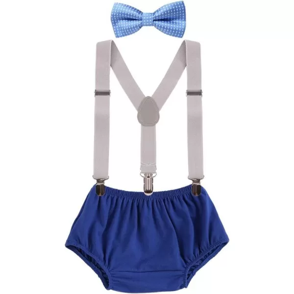 Baby Boys Cake Smash Clothes Diaper Suspenders Pants Bow Tie 3PCS Set First 1st 2nd Birthday Outfit for Photo Prop PartyGray  Dark Blue  Blue Dots