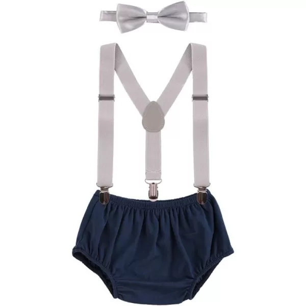 Baby Boys Cake Smash Clothes Diaper Suspenders Pants Bow Tie 3PCS Set First 1st 2nd Birthday Outfit for Photo Prop PartyGray  Navy Blue