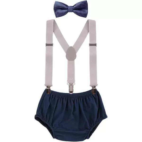 Baby Boys Cake Smash Clothes Diaper Suspenders Pants Bow Tie 3PCS Set First 1st 2nd Birthday Outfit for Photo Prop PartyGray  Navy Blue Dots