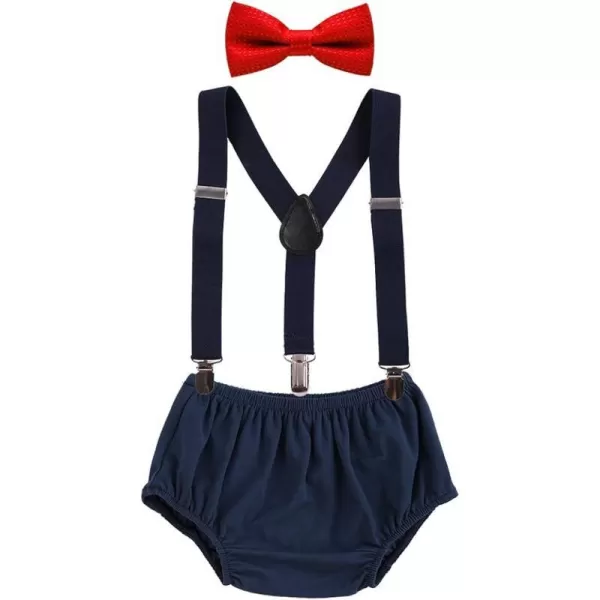 Baby Boys Cake Smash Clothes Diaper Suspenders Pants Bow Tie 3PCS Set First 1st 2nd Birthday Outfit for Photo Prop PartyNavy Blue  Red