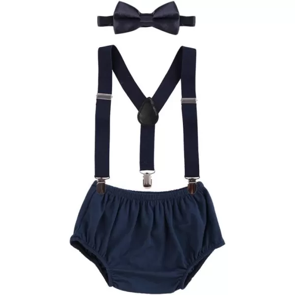 Baby Boys Cake Smash Clothes Diaper Suspenders Pants Bow Tie 3PCS Set First 1st 2nd Birthday Outfit for Photo Prop PartyNavy Blue