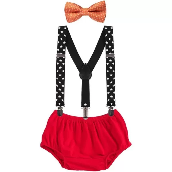 Baby Boys Cake Smash Clothes Diaper Suspenders Pants Bow Tie 3PCS Set First 1st 2nd Birthday Outfit for Photo Prop PartyOrange  Black  Red