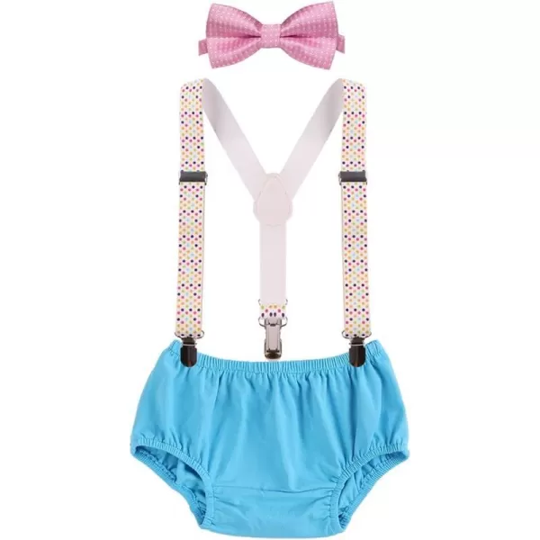 Baby Boys Cake Smash Clothes Diaper Suspenders Pants Bow Tie 3PCS Set First 1st 2nd Birthday Outfit for Photo Prop PartyPink  Blue  Polka Dots