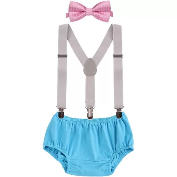 Baby Boys Cake Smash Clothes Diaper Suspenders Pants Bow Tie 3PCS Set First 1st 2nd Birthday Outfit for Photo Prop PartyPink  Gray  Blue