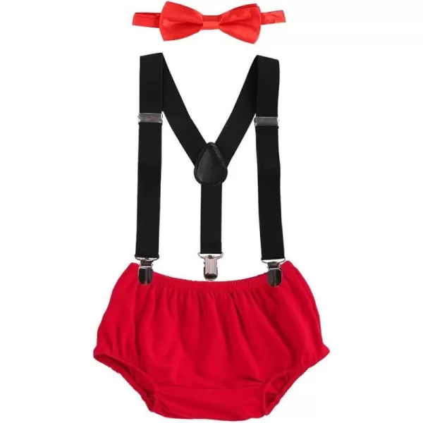 Baby Boys Cake Smash Clothes Diaper Suspenders Pants Bow Tie 3PCS Set First 1st 2nd Birthday Outfit for Photo Prop PartyRed  Black