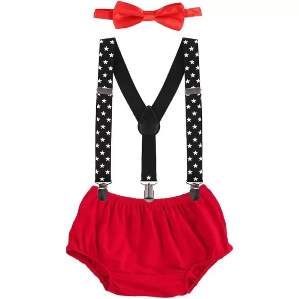 Baby Boys Cake Smash Clothes Diaper Suspenders Pants Bow Tie 3PCS Set First 1st 2nd Birthday Outfit for Photo Prop PartyRed  Black amp White Stars