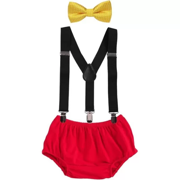 Baby Boys Cake Smash Clothes Diaper Suspenders Pants Bow Tie 3PCS Set First 1st 2nd Birthday Outfit for Photo Prop PartyYellow  Black  Red